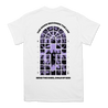 Knocked Loose's "Purple Cross" design, printed on the front and back of a white color Comfort Colors tee.