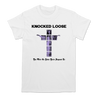 Knocked Loose's "Purple Cross" design, printed on the front and back of a white color Comfort Colors tee.