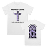 Knocked Loose's "Purple Cross" design, printed on the front and back of a white color Comfort Colors tee.