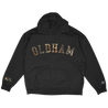 Knocked Loose's "Oldham Real Tree" design, printed on the front, back and lower sleeve of a black Champion brand pullover hooded sweatshirt.