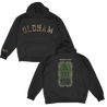 Knocked Loose's "Oldham Real Tree" design, printed on the front, back and lower sleeve of a black Champion brand pullover hooded sweatshirt.