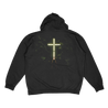 Knocked Loose's "Wood Cross KLMF" design, printed on the front, back and left sleeve sleeve of a black Champion brand pullover hooded sweatshirt.