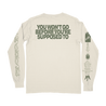 Knocked Loose's "You're Supposed To" design, printed on the front, back, and both sleeves of an ivory Comfort Colors long sleeve shirt.