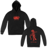 Scalp's "Pity Junkie" design, printed on the front and back of a black Gildan hoodie.