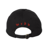 Scalp's logo embroidered in red on the front of a black dad hat.