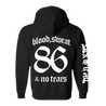 Sick Of It All's "Blood Sweat and No Tears" design, printed on the front, back, and right sleeve of a black Gildan heavy blend zip hood.