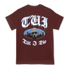 Trapped Under Ice's "Bodymore Till I Die" design, printed on the front and back of a bergundy Alstyle/American Apparel tee.