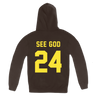 Trapped Under Ice's "See God 2024" design printed on the front and back of a dark chocolate colored Gildan pullover hooded sweatshirt.