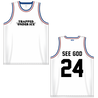 Trapped Under Ice's "See God 24" design, printed on the front and back of a white, with red and royal blue Athletic Knit Jersey.Trapped Under Ice's "See God 24" design, printed on the front and back of a white, with red and royal blue Athletic Knit basketball jersey.