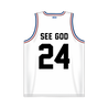 Trapped Under Ice's "See God 24" design, printed on the front and back of a white, with red and royal blue Athletic Knit basketball jersey.
