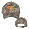 Trapped Under Ice's stacked logo embroidered in orange and white on the front of a camo hat. 