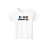 Turnstile's "Color Wall" design, printed on the front a youth white tee with a custom printed tag.