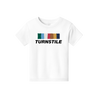 Turnstile's "Color Wall" design, printed on the front a youth white tee with a custom printed tag.