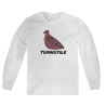 Turnstile's limited "Birds Painting" design, printed on the front and back of a white long sleeve shirt with a custom printed tag.