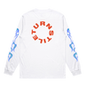 Turnstile's "Flames" design, printed on the front, back and both sleeves of a white long sleeve shirt with a custom woven tag.