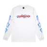 Turnstile's "Flames" design, printed on the front, back and both sleeves of a white long sleeve shirt with a custom woven tag.