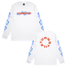 Turnstile's "Flames" design, printed on the front, back and both sleeves of a white long sleeve shirt with a custom woven tag.