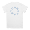 Turnstile's "Live Birds" design, printed on the front and back of a white tee with a custom printed tag.