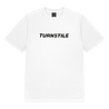 Turnstile's "Archives" design, printed on the front and back of a white tee with a custom woven tag.