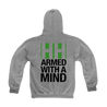 BHC! The Have Heart "Armed With A Mind" hoodie comes in heather grey with green and black ink. The front features the band's name and hometown written in blocks on top of one another. The back of the hoodie features a big "HH" at the top with "ARMED WITH A MIND" written underneath. This design is printed on Gildan.