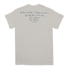 BHC! The Have Heart "Road" shirt comes on natural with blue ink. It features the band's name written above a photograph of the open road on the front with "PAVE PARADISE" written underneath. The back of the shirt has handwritten lyrics. This design is printed on Gildan.