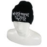 Wristmeetrazor Stack Logo, embroidered on a black knit beanie. Beanie features include 80/20 acrylic knit/polyester fleece, 100% acrylic exterior and 100% polyester interior, 12” knit, and an adjustable cuff (shown as 3”).