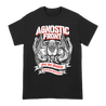 Agnostic Front's "For My Family" design, printed on a black Gildan Apparel tee.  Tee features include 5.3 oz., 100% preshrunk cotton; classic fit; seamless double needle 7/8” collar; taped neck and shoulders; double needle sleeve and bottom hems; quarter-turned to eliminate center crease; and a tearaway label.