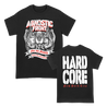 Agnostic Front's "For My Family" design, printed on a black Gildan Apparel tee.  Tee features include 5.3 oz., 100% preshrunk cotton; classic fit; seamless double needle 7/8” collar; taped neck and shoulders; double needle sleeve and bottom hems; quarter-turned to eliminate center crease; and a tearaway label.