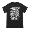 Agnostic Front's "Gotta Go" design, printed on a black Gildan Apparel tee.  Tee features include 5.3 oz., 100% preshrunk cotton; classic fit; seamless double needle 7/8” collar; taped neck and shoulders; double needle sleeve and bottom hems; quarter-turned to eliminate center crease; and a tearaway label.