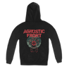 Agnostic Front's "Spider Web" design, remastered for 2022! Printed on the front and back of a black Gildan pullover hooded sweatshirt.  Hoodie features include 8 oz. 50/50 preshrunk cotton/polyester; air jet yarn for a softer feel and reduced pilling; double-lined hood with color-matched drawcord; double needle stitching at shoulder, armhole, neck, waistband and cuffs; pouch pocket; 1 x 1 rib with spandex; quarter-turned to eliminate center crease; and a tearaway label.