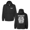 Agnostic Front's "Wing Horn Alley" design, printed on a black Independent brand quarter-zip jacket.  Jacket features include: water resistant nylon fabric, adjustable 3 panel hood with fine mesh lining, scuba neck with 1/2 length zip, hidden zipper front pocket with snaps inside front pocket flap, side slit pockets, elastic cuffs, and tightening toggle at waistband.