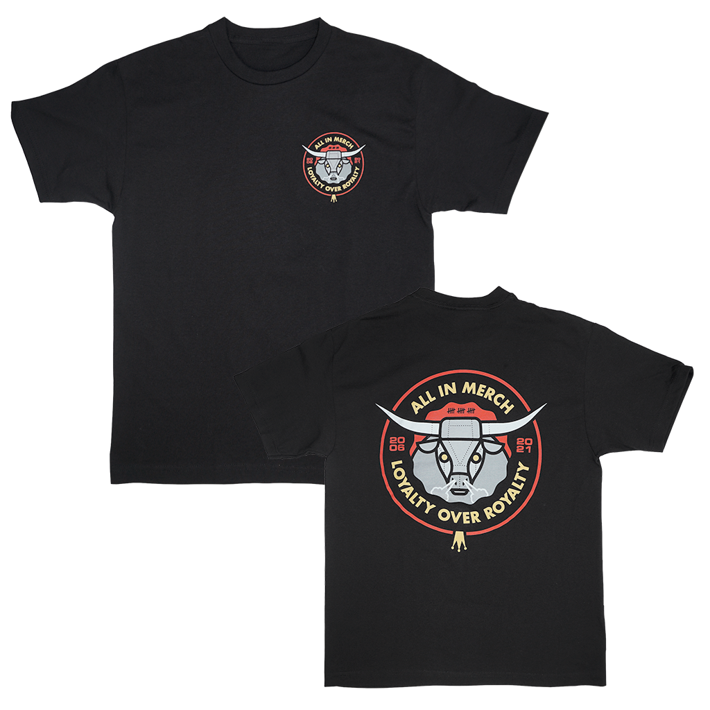 Celebrate 15 years of All In with us in this awesome Metal Ox tee! Printed on the front and back of a black Alstyle Apparel tee.  Tee features include: 6 oz. 100% preshrunk cotton, set-in rib collar with shoulder-to-shoulder taping, seamless double needle 7/8” collar, double-needle sleeve and bottom hem, and a tearaway label.