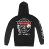 Backtrack Bad Globe Outline design, printed in red and white on a black Gildan Apparel pull hood.
