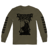 Creeping Death's "Death Metal King" design, printed on the front, back, and sleeves of a military green Alstyle Apparel long sleeve tee.  Longsleeve features include: 6 oz. 100% preshrunk cotton, set-in rib collar with shoulder-to-shoulder taping, rib sleeve cuffs; double-needle bottom hem; and a tearaway label.