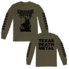 Creeping Death's "Death Metal King" design, printed on the front, back, and sleeves of a military green Alstyle Apparel long sleeve tee.  Longsleeve features include: 6 oz. 100% preshrunk cotton, set-in rib collar with shoulder-to-shoulder taping, rib sleeve cuffs; double-needle bottom hem; and a tearaway label.