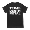 Creeping Death's "Texas Death Logo," printed on the front and back of a black Alstyle Apparel tee.  Tee features include: 6 oz. 100% preshrunk cotton, set-in rib collar with shoulder-to-shoulder taping, seamless double needle 7/8” collar, double-needle sleeve and bottom hem, and a tearaway label.