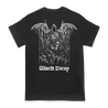 Creeping Death's "World Decay" design, printed on the front and back of a black Alstyle Apparel tee.  Tee features include: 6 oz. 100% preshrunk cotton, set-in rib collar with shoulder-to-shoulder taping, seamless double needle 7/8” collar, double-needle sleeve and bottom hem, and a tearaway label.