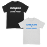 Drain's "Living Proof" slogan, printed on the front of a black or ash grey Gildan tee.  Tee features include 5.3 oz., 100% preshrunk cotton; classic fit; seamless double needle 7/8” collar; taped neck and shoulders; double needle sleeve and bottom hems; quarter-turned to eliminate center crease; and a tearaway label.