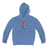 Drain's signature kewpie design, printed on the front of a Carolina blue Gildan pullover hooded sweatshirt.  Hoodie features include 8 oz. 50/50 preshrunk cotton/polyester; air jet yarn for a softer feel and reduced pilling; double-lined hood with color-matched drawcord; double needle stitching at shoulder, armhole, neck, waistband and cuffs; pouch pocket; 1 x 1 rib with spandex; quarter-turned to eliminate center crease; and a tearaway label.