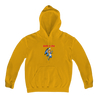Drain's signature kewpie design, printed on the front of a gold Gildan pullover hooded sweatshirt.  Hoodie features include 8 oz. 50/50 preshrunk cotton/polyester; air jet yarn for a softer feel and reduced pilling; double-lined hood with color-matched drawcord; double needle stitching at shoulder, armhole, neck, waistband and cuffs; pouch pocket; 1 x 1 rib with spandex; quarter-turned to eliminate center crease; and a tearaway label.