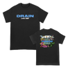 Drain's "Living Proof" album artwork is printed on the back of a white or black Gildan tee. The band's logo and album title are printed on the front.  Tee features include 5.3 oz., 100% preshrunk cotton; classic fit; seamless double needle 7/8” collar; taped neck and shoulders; double needle sleeve and bottom hems; quarter-turned to eliminate center crease; and a tearaway label.
