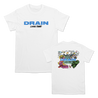 Drain's "Living Proof" album artwork is printed on the back of a white or black Gildan tee. The band's logo and album title are printed on the front.  Tee features include 5.3 oz., 100% preshrunk cotton; classic fit; seamless double needle 7/8” collar; taped neck and shoulders; double needle sleeve and bottom hems; quarter-turned to eliminate center crease; and a tearaway label.