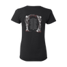 Dying Fetus's "Dual Logo" design is printed on the front of a black slim-fitted/women's Gildan tee. The back of the tee features tour dates from the band's Summer 2022 tour.  Tee features include 5.3 oz., 100% cotton midweight fabric; semi-fitted look; non-topstitched, narrow width, rib collar; taped neck and shoulders; cap sleeves; double-needle sleeve and bottom hems; side seams; and a tearaway label.