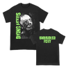 Dying Fetus's "Gore Fury Face" design, printed on the front and back of a black Gildan tee.  Tee features include 5.3 oz., 100% preshrunk cotton; classic fit; seamless double needle 7/8” collar; taped neck and shoulders; double needle sleeve and bottom hems; quarter-turned to eliminate center crease; and a tearaway label.