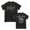 Dying Fetus's "Monster Hand" design, printed on the front and back of a black Gildan tee.  Tee features include 5.3 oz., 100% preshrunk cotton; classic fit; seamless double needle 7/8” collar; taped neck and shoulders; double needle sleeve and bottom hems; quarter-turned to eliminate center crease; and a tearaway label.