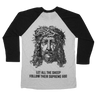 Dying Fetus "Supreme God" design, printed on the front and back of a black Next Level raglan tee.  Tee features include: 4.3oz, 50/25/25 polyester/combed ringspun cotton/rayon blend fabric, 32 singles; fabric laundered; 1x1 triblend baby rib set-in collar; side seams; curved bottom hem, flatlock finish; satin label.