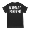 Dying Fetus "Warfare Skull" design, printed in white ink on front and back of a black Gildan Apparel tee. The front features the band's name and a skull design, and the back says "Warfare Forever."