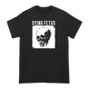 Dying Fetus "Warfare Skull" design, printed in white ink on front and back of a black Gildan Apparel tee. The front features the band's name and a skull design, and the back says "Warfare Forever."