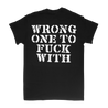 Dying Fetus "Wrong One Blood Logo" design, printed on the front and back of a black Gildan Apparel tee.  Tee features include 5.3 oz., 100% preshrunk cotton; classic fit; seamless double needle 7/8” collar; taped neck and shoulders; double needle sleeve and bottom hems; quarter-turned to eliminate center crease; and a tearaway label.