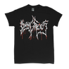 Dying Fetus "Wrong One Blood Logo" design, printed on the front and back of a black Gildan Apparel tee.  Tee features include 5.3 oz., 100% preshrunk cotton; classic fit; seamless double needle 7/8” collar; taped neck and shoulders; double needle sleeve and bottom hems; quarter-turned to eliminate center crease; and a tearaway label.